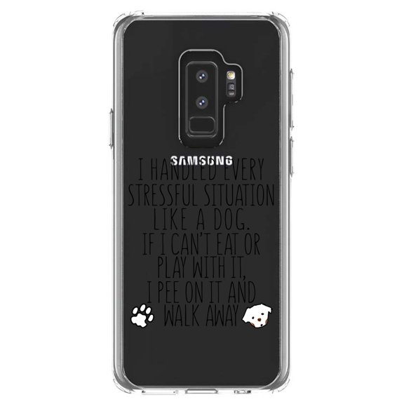 DistinctInk Clear Shockproof Hybrid Case for Samsung Galaxy S9  PLUS (6.2" Screen) - TPU Bumper Acrylic Back Tempered Glass Screen Protector - Can't Eat or Play, Pee and Walk Away - Dog Lover