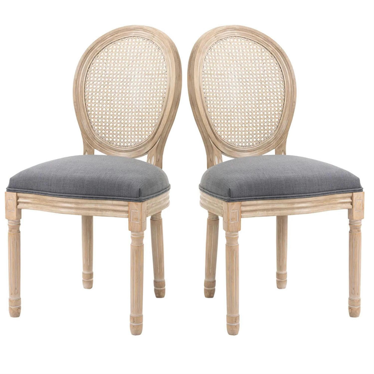 Demi Bonn Dining Chairs Set of 2, French-Style Upholstered Dining Room Chairs with Rattan Backrest and Linen-Touch Upholstery for Kitchen Restaurant, Living Room, Gray