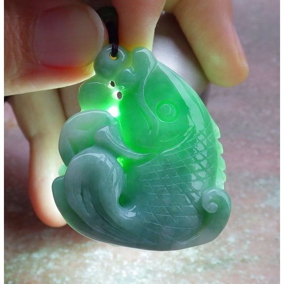Certified Green Burma 100% Natural A Jade jadeite Pendant Fish Ruyi Coin Necklace 663074 TN