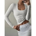 thumbnail image 5 of Womens Long Sleeve Shirts Square Neck Tops Ribbed Knit Teen Girls Crop Tops Fall Fashion Clothes White Flower Ash XL, 5 of 7