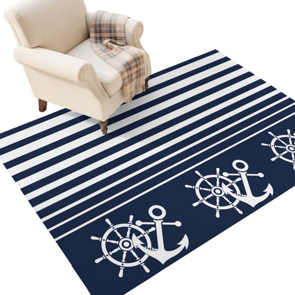 Steering Wheel Ship Anchor Area Rug 4x6ft Nautical Coastal Navy Blue Stripe Non-Slip Washable Rectangle Rugs Soft Felt Indoor Floor Mat for Bedroom Kitchen Living Room Bathroom