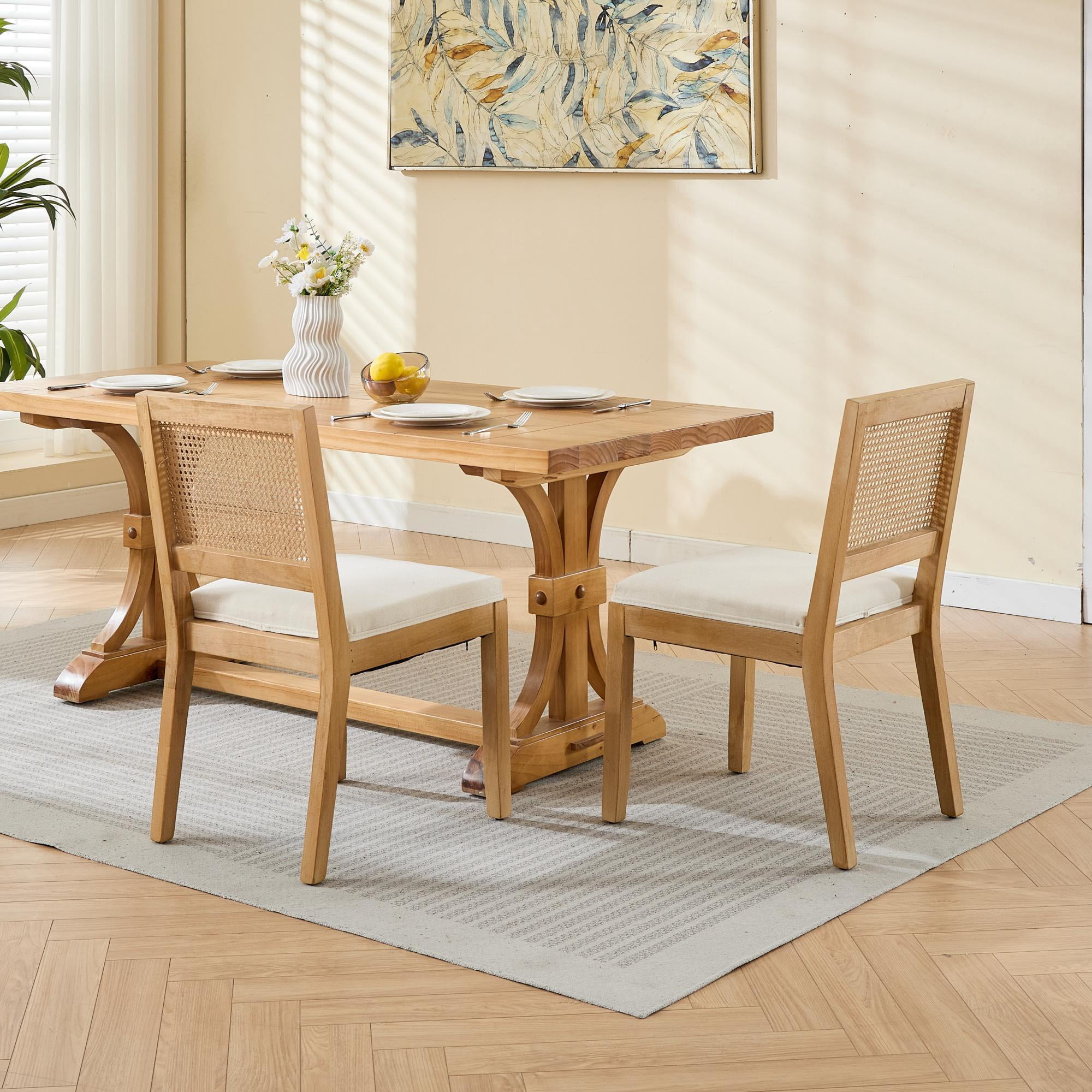 Jopath Rattan Dining Chairs Set of 2, Cane Upholstered Kitchen Side Chair with Natural Hardwood Frame for Kitchen Restaurant Beige