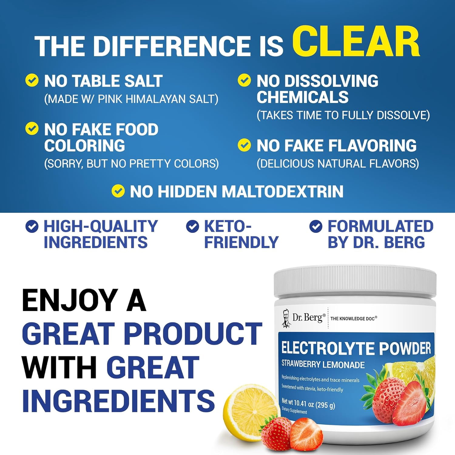 Dr. Berg Electrolyte Powder - Strawberry Lemonade Hydration Powder, 50 Servings