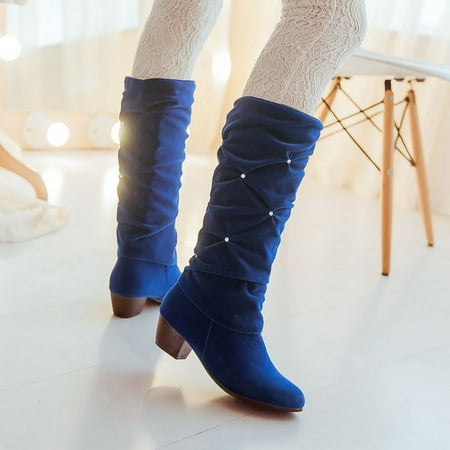 

Zunfeo Women Faux Suede Boots- Pointy Toe Casual Knight Boots Fashion Warm Solid Middle Heeled Boots Christmas Gifts Clearance Blue 8.5