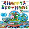 Super Mario Birthday Party Supplies-128pcs Super Mario Tableware Party Supplies Includes Mario Party Plates and Napkins Cups Tablecloth&Banner for Boys/ Girls Kids Mario Theme Birthday P