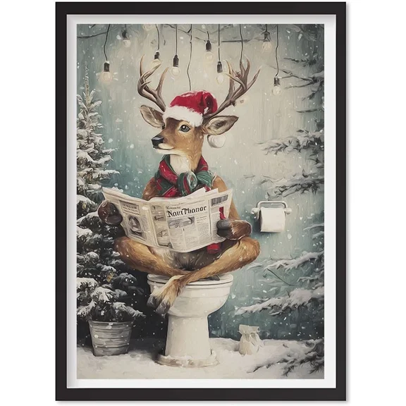 Reindeer On The Toilet, Printable Funny Christmas Wall Art, Bathroom Poster, Matte Canvas Stretched, Posters for Room Bedroom Living Room Bathroom Wall Decor, Posters & Art Prints, Gift.