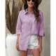 thumbnail image 3 of Camisa con botones para mujer, cuello vuelto, manga tres cuartos, dobladillo Irregular, Color puro, blusa holgada para mujer, color morado S, 3 of 7