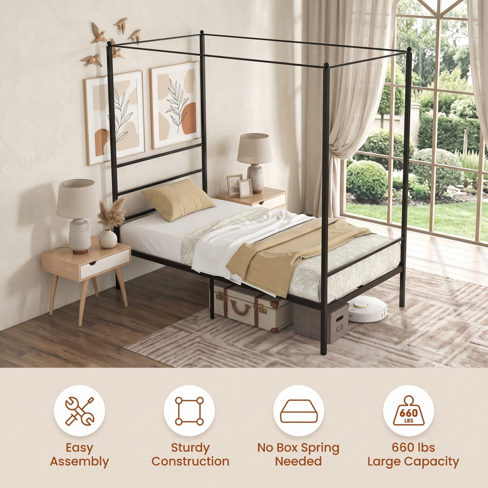 Furnibear Queen Bed Frame Metal Canopy Platform Bed Frame with Slat Support and 4 Posts for Bedroom and Guest Room, No Box Spring Needed, Black