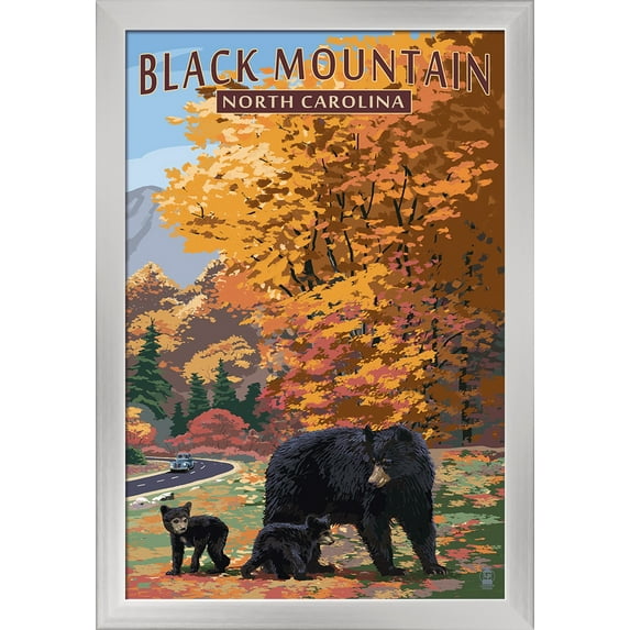 Black Mountain, North Carolina - Bear Family & Fall Colors - Lantern Press Artwork (16x24 Giclee Art Print, Gallery Framed, Silver Wood)
