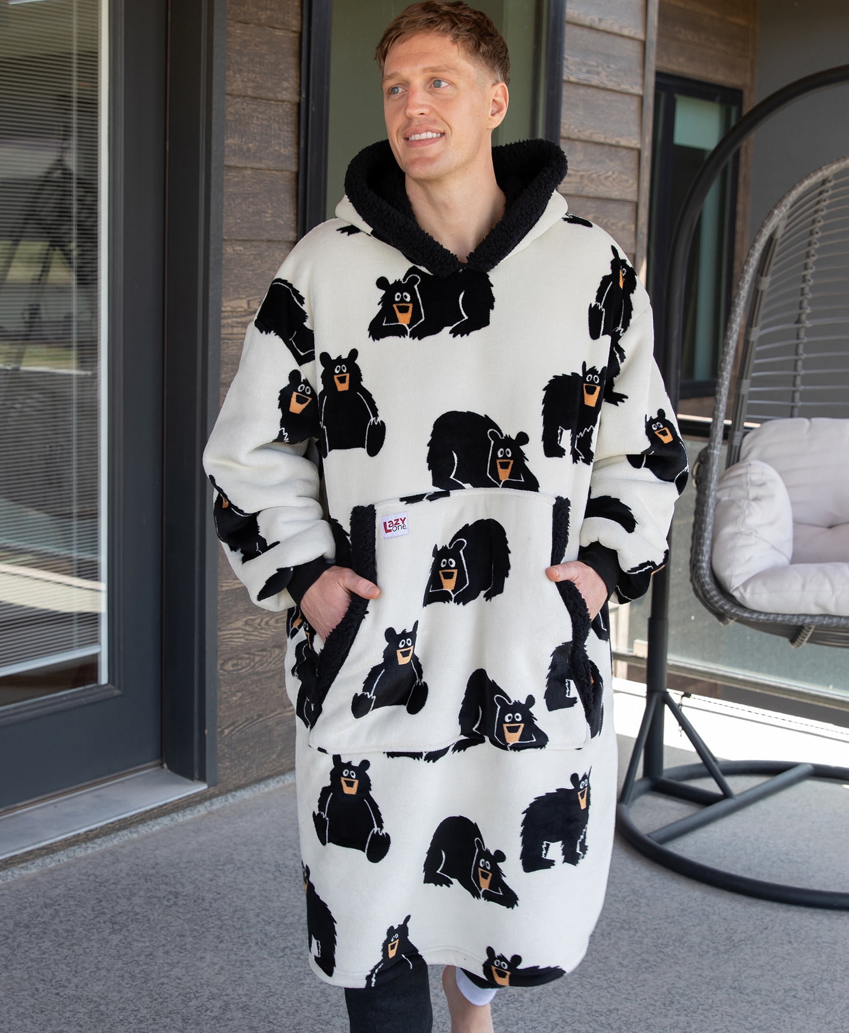 Lazy One Oversized Blanket Hoodie, Comfortable Sleepwear, Oversized Hoodies for Women and Men, One Size Fits All Wearable Blankets (Black Bear)