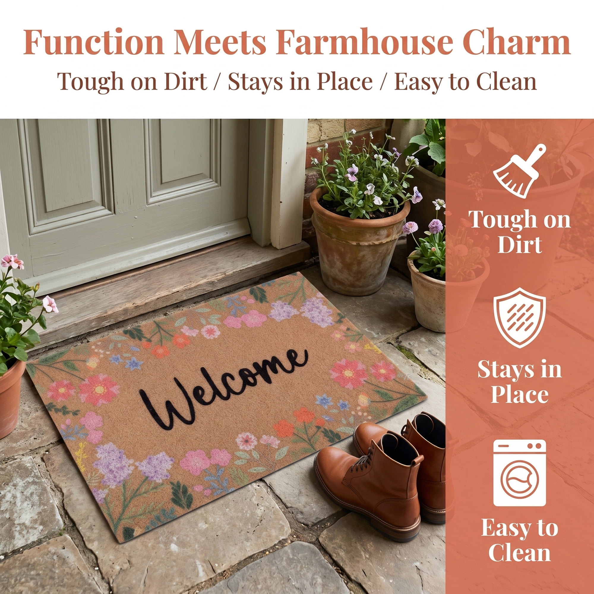 Unique Bargains Natural Coir Non-Slip Backing Waterproof Doormat Brown Flower 32" x 20"