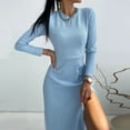 thumbnail image 4 of Vestido de manga larga de color sólido con abertura delgada y cuello redondo informal a la moda para mujer Pompotops hdfakjf768, 4 of 9