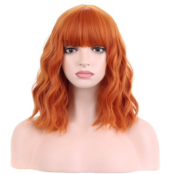 SUCS 14" Orange Wig Short Curly Wig with Bangs Dark Orange Wavy Bob Wig Women Girls Orange Synthetic Hair Wigs with Wig Cap
