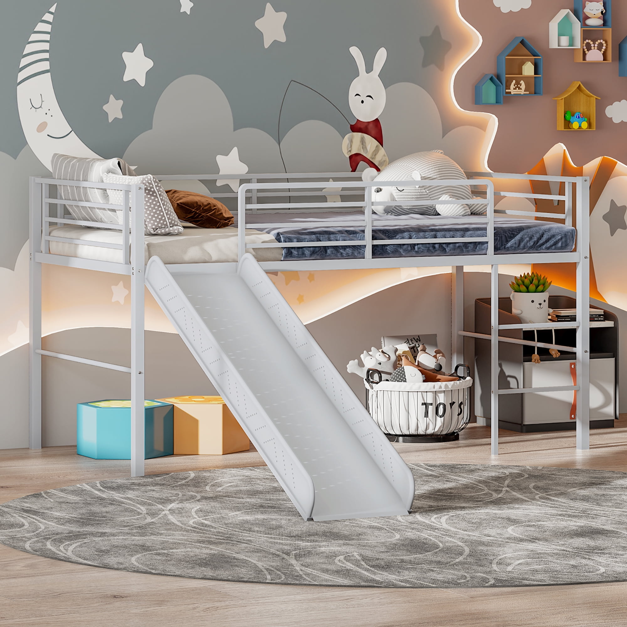 Gymax Kids Twin Metal Loft Bed with Slide, Guardrails, Built Gymax Kids Twin Metal Loft Bed with Slide, Guardrails, Built