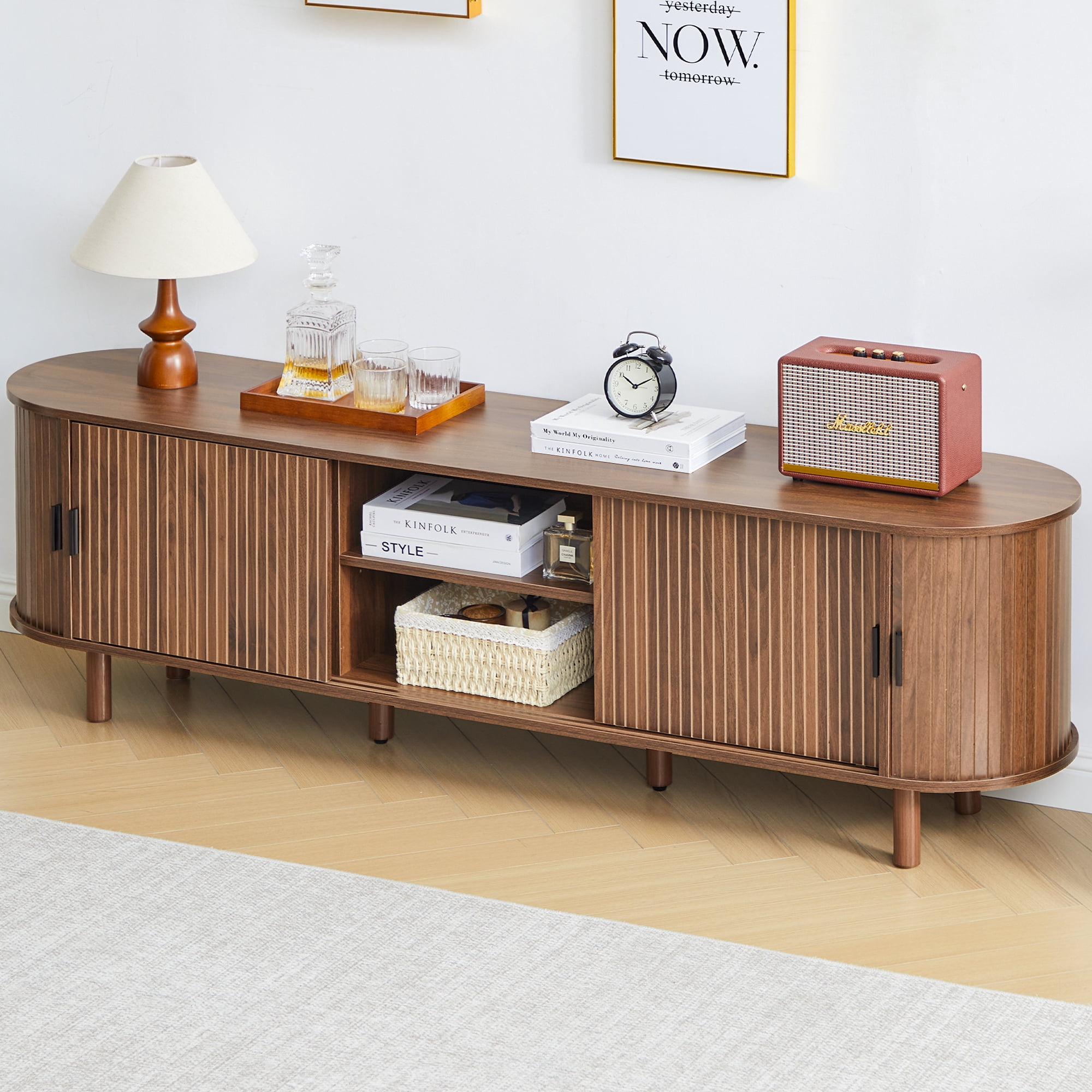LEFHDA 70.8" Mid Century Modern TV Stand, Wood Tambour Door Entertainment Center with Storage for TVs Up to 75", Curved Edge Cabinet for Living Room Bedroom（Walnut）