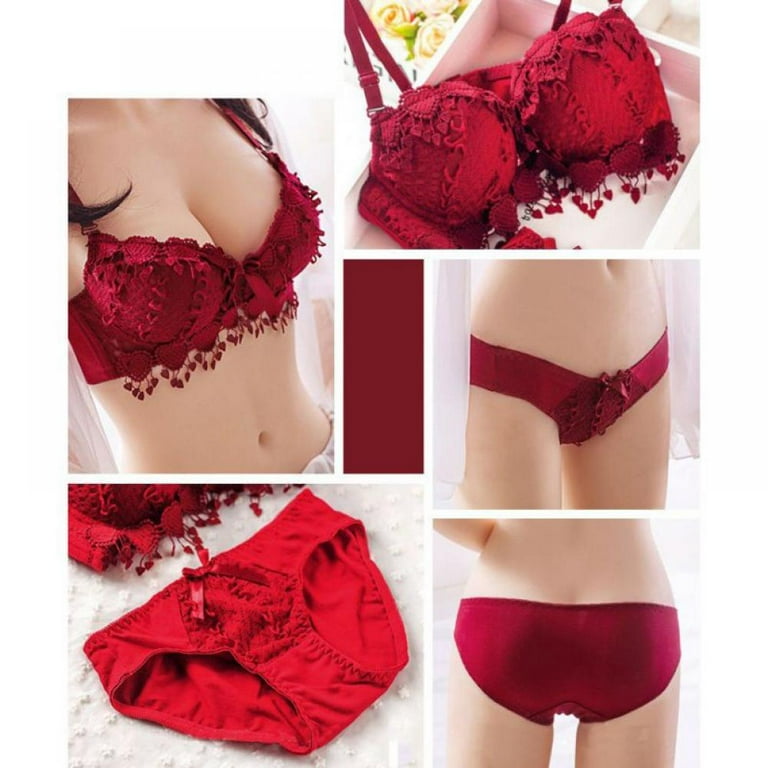 Women's Lace Bra and Panty Sets, Two Piece Underwire Sexy Lingerie Push Up  Bras Set, Red