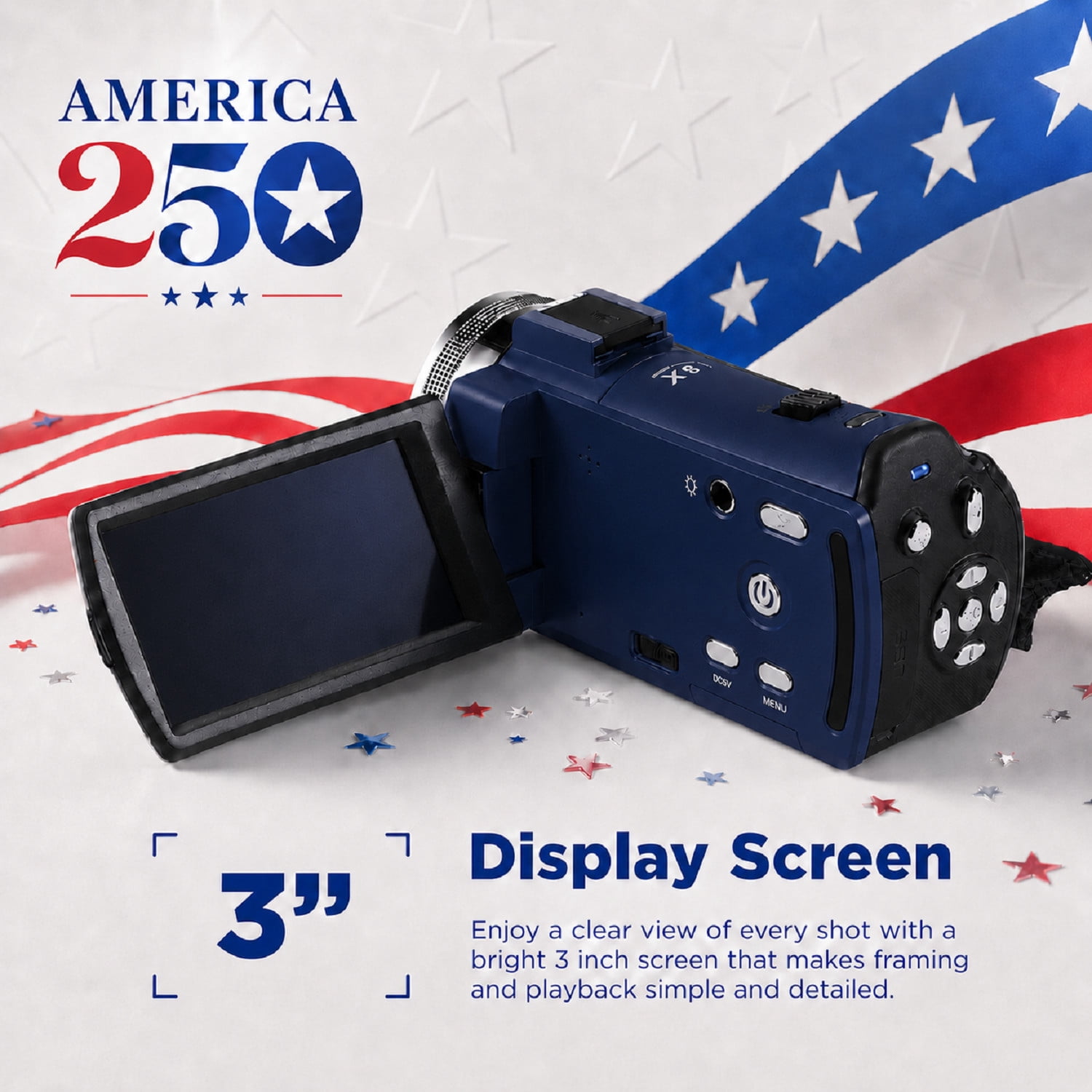Vivitar PopCam America 250 Digital Camcorder – USA Celebration Edition, Old Glory Blue, 48MP, Full HD 1080P Video, 3" Flip Screen, 16X Digital Zoom Camcorder with Built-in Mic for Vlogging & Travel