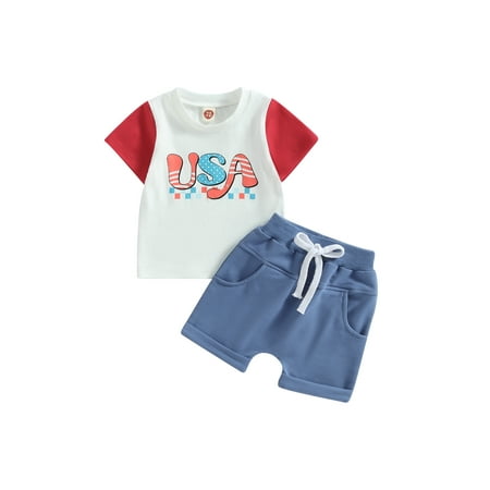 

Qtinghua 4th of July Toddler Baby Boys Summer Outfit Short Sleeve USA Print T-shirt Tops with Shorts Set White 0-6 Months