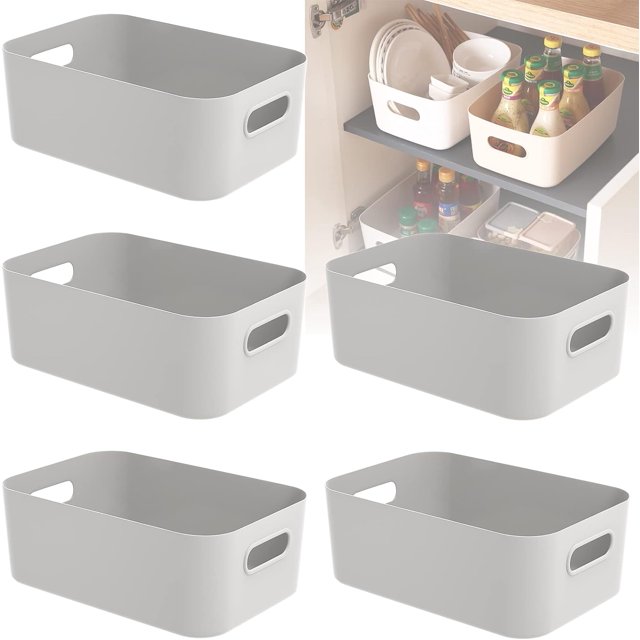 5 cestas de almacenamiento de plástico gris con asa, organizador de cocina rectangular, cestas pequeñas para almacenamiento, cajas de almacenamiento para cocina, frigorífico, armario,