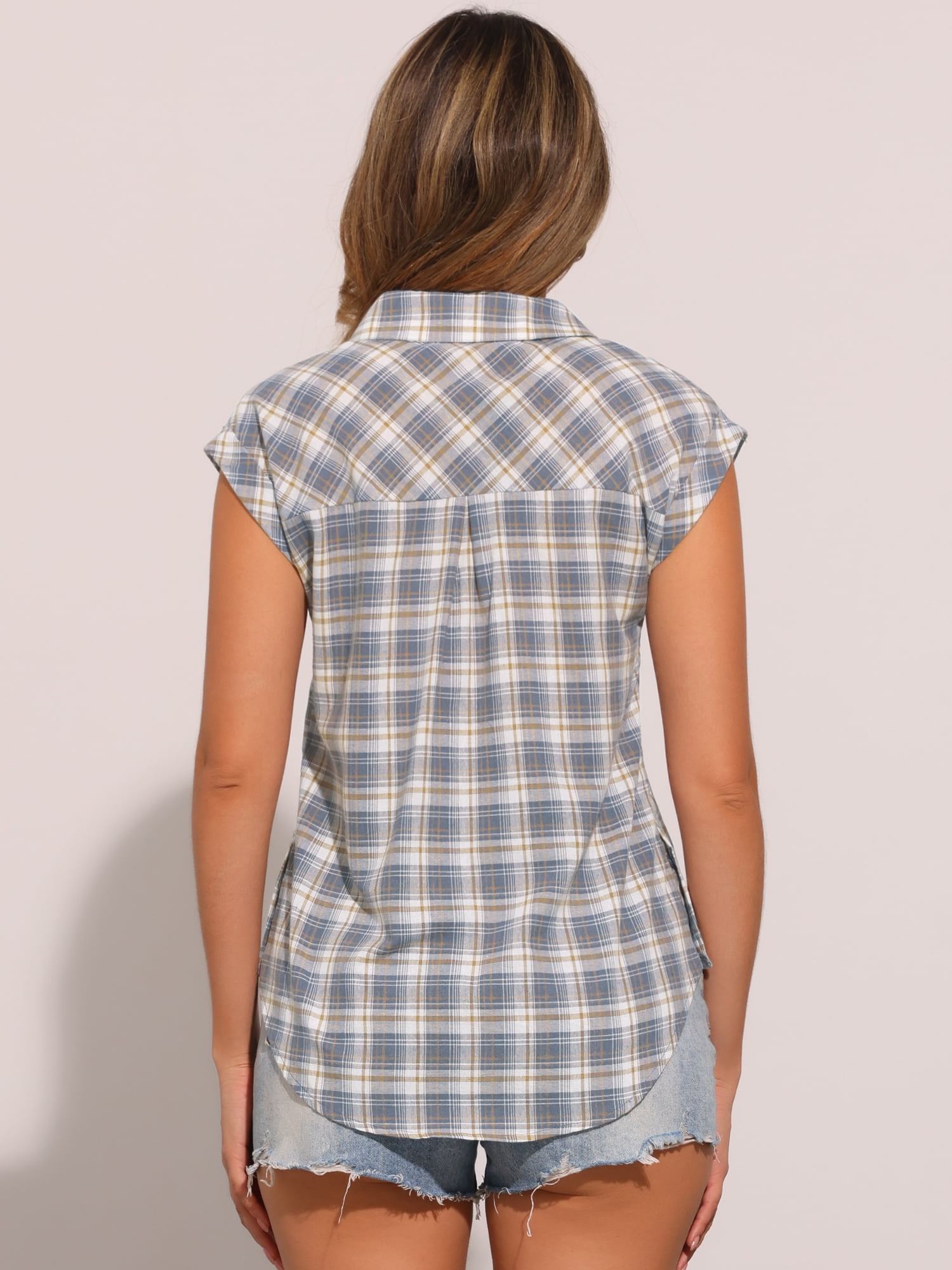 DARING DIVA Women's Summer Plaid Short Sleeves Button Down Tops L Grey Blue
