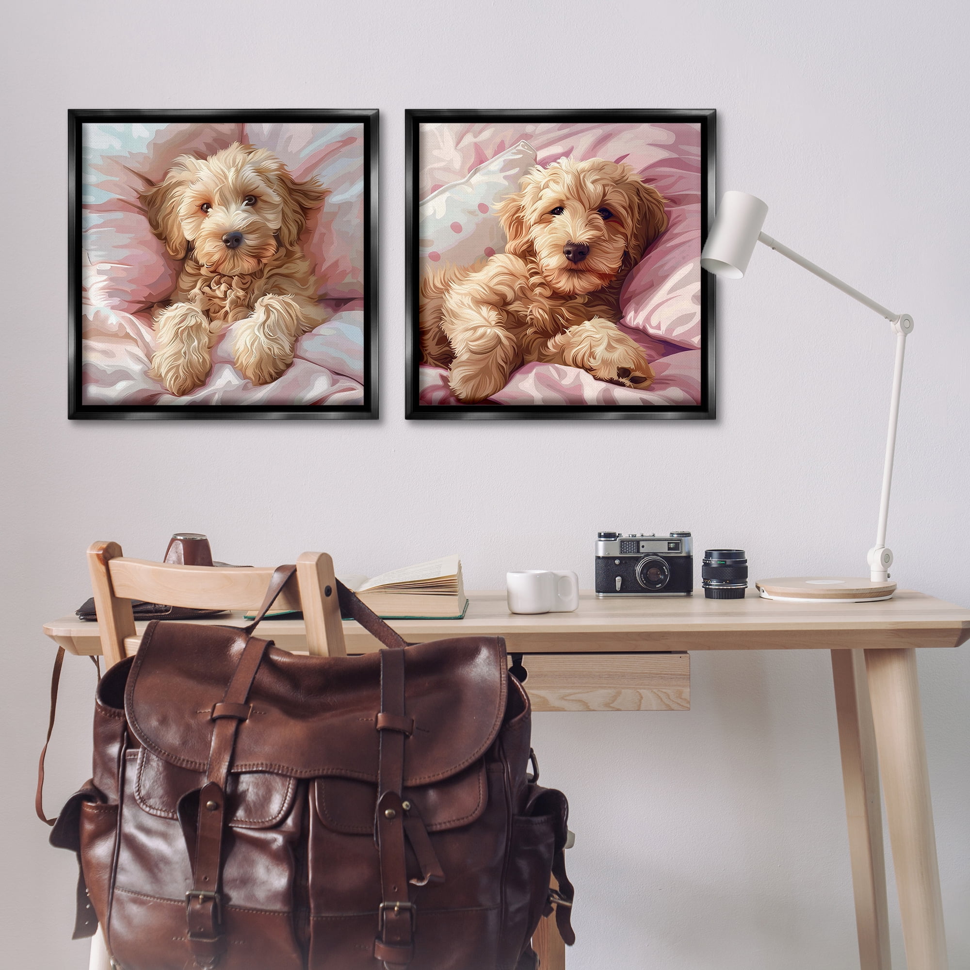 Stupell Industries Cuddling Labradoodle in Bed Animals Painting Black Floater Framed Canvas Art Print Wall Art, 25 x 25, Set of 2