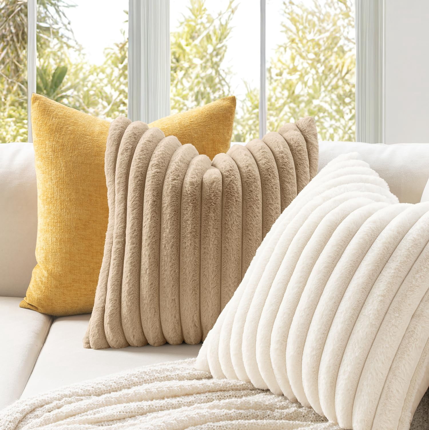 Lanola Faux Fur Decorative Throw Pillow Covers 18x18 Inch Set of 2, Modern Spring Home Decor Soft Plush Couch Pillows Cozy Fluffy Cushion Covers for Sofa Bed Sage Green