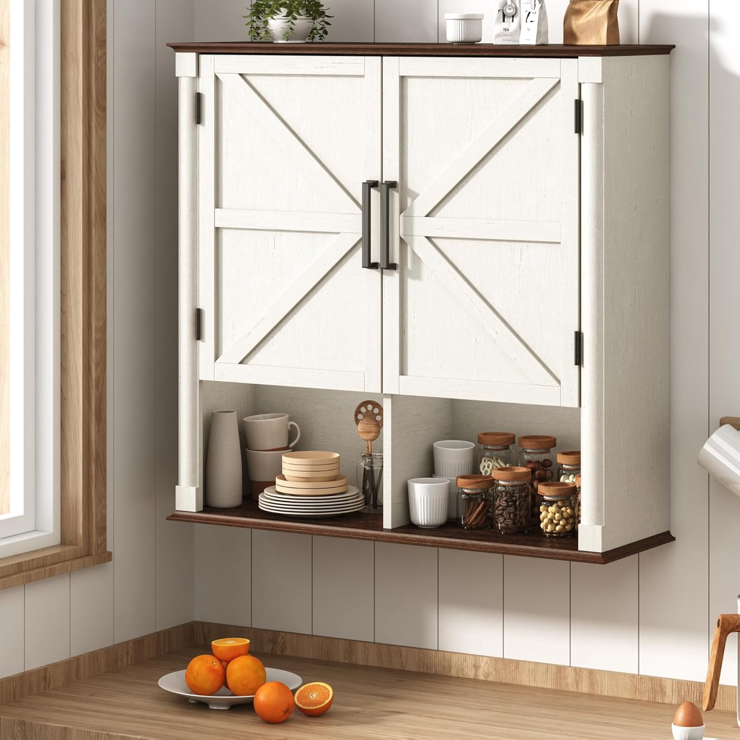 Farmhouse Wall Medicine Cabinets with 2 Barn Doors, Wood Bathroom Storage Cabinet with Roman Column Decor,Farmhouse Double Storage Cabinets with Adjustable Shelf & Door Cabinets, Rustic White