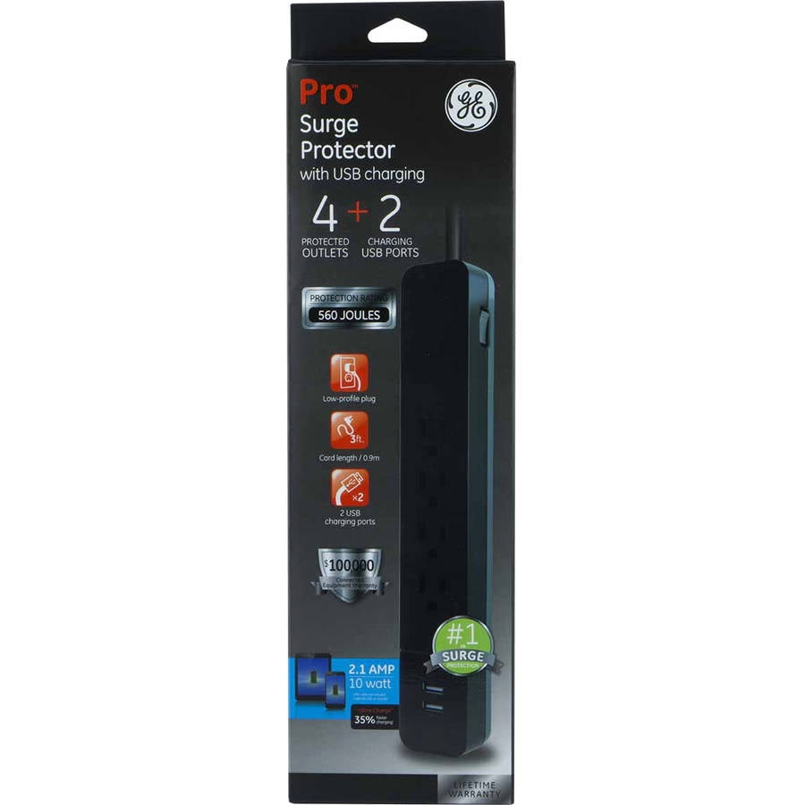 GE Pro 4-Outlet, 2-USB Surge Protector, 3ft., 560J, Black – 37053