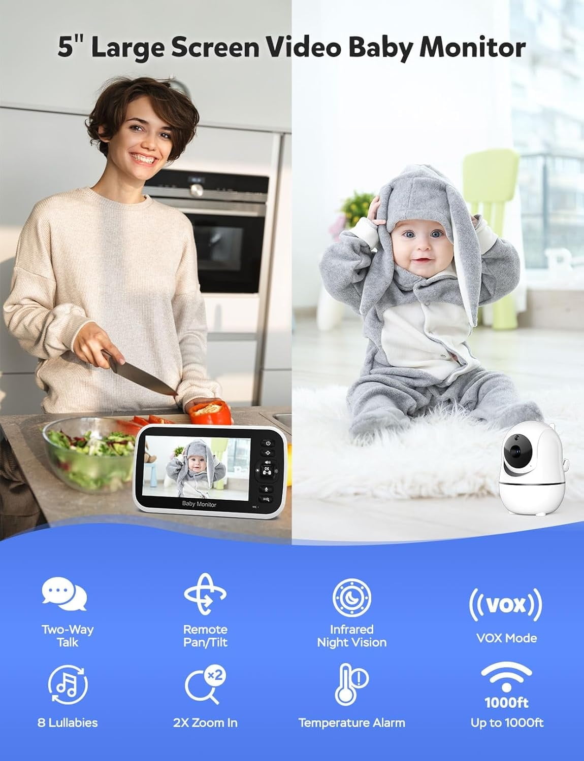 ASDF Baby monitors with Camera and Audio - No WiFi, Remote Pan-Tilt-Zoom, Night Vision, Temperature Sensor, 2-Way Talk, 8 Lullabies, 30-Hour Battery Life，960ft Long Range
