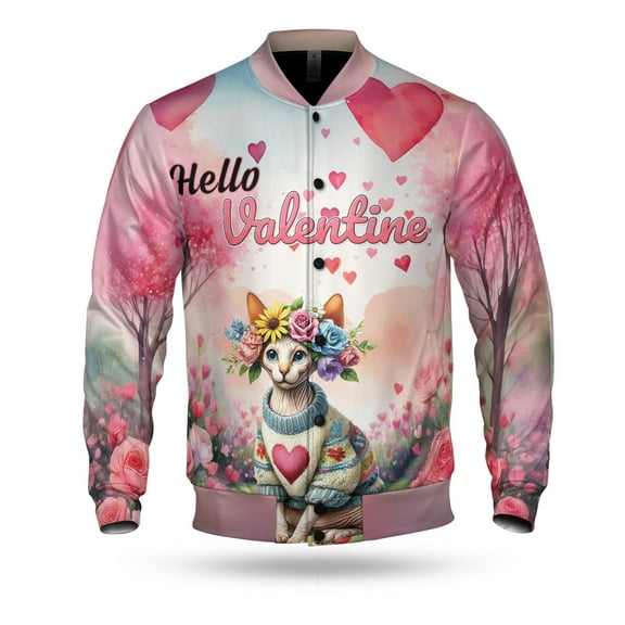 Hello Valentine’s Day Sphynx Flower Crown Romantic Pink Floral All Over Print 3D Baseball Jacket Cat Lover Kitten Owner Gifts Idea Bomber Jacket Softball - 00031
