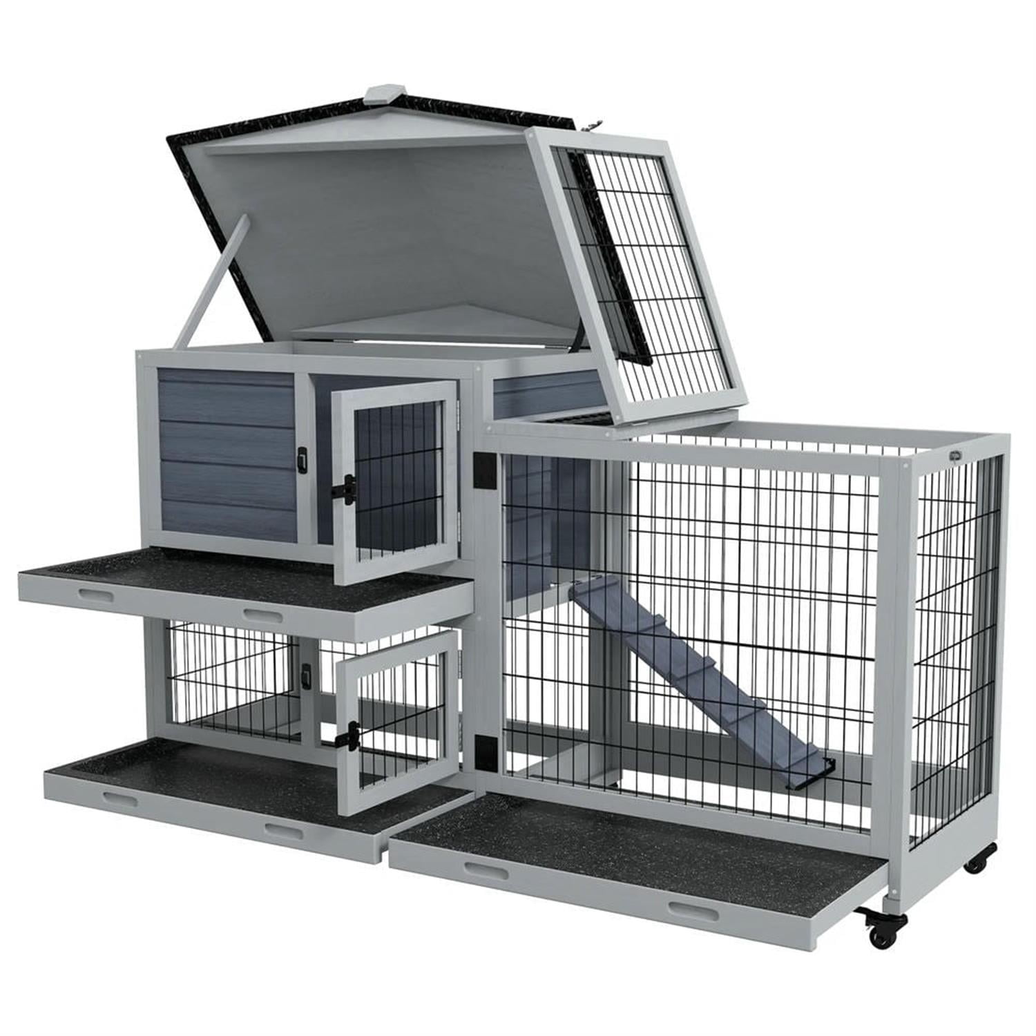 Kadyn 62" 2-tier Wooden Rabbit Hutch with Wheels and Slide-out Tray, Outdoor Small Animal Habitat Chicken Coop Bunny Cage for Bunnies, Guinea Pigs, Gray