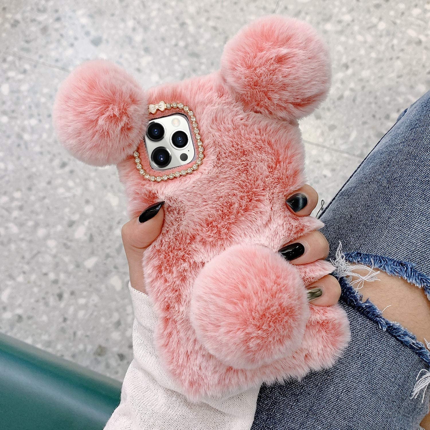 Plush Furry Case for iPhone 12 Mini Fuzzy Fluffy Ball Rabbit Fur Hair Cute Cartoon Bear Ear with Bling Glitter 3D Diamond Bowknot Camera Protection Cover Walmart