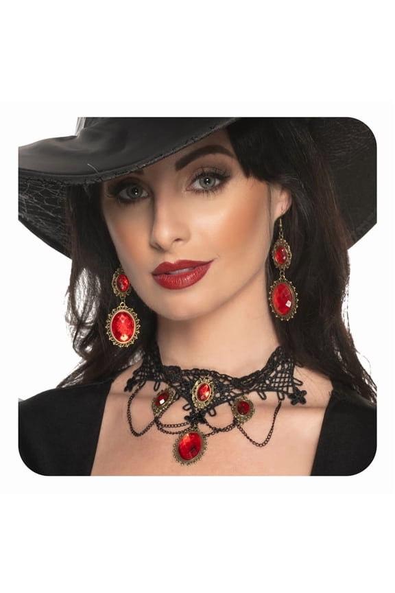 Vampire Necklace and Earrings - Lace Necklace with Red Jewels and Red Jewel Earrings Set, Goth Accessories, Halloween Jewelry