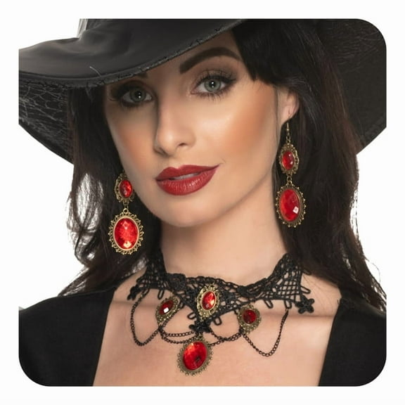 UNDERWRAPS Vampire Necklace and Earrings - Lace Necklace with Red Jewels and Red Jewel Earrings Set, Goth Accessories, Halloween Jewelry