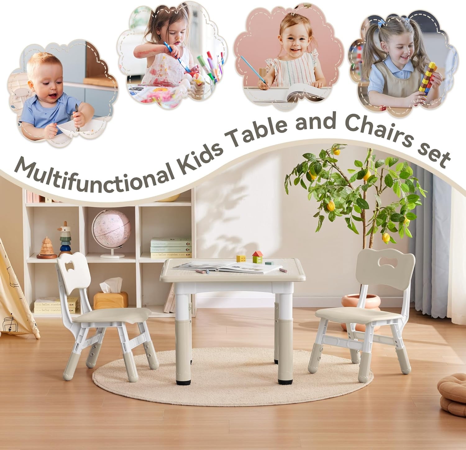 Kids Study Table and Chairs Set Height Adjustable Toddler Table and Chair Set for Kids Ages 3 8 23.6 L x 23.6 W Graffiti Desktop Plastic Children Art Table with 2 Seats Burlywood