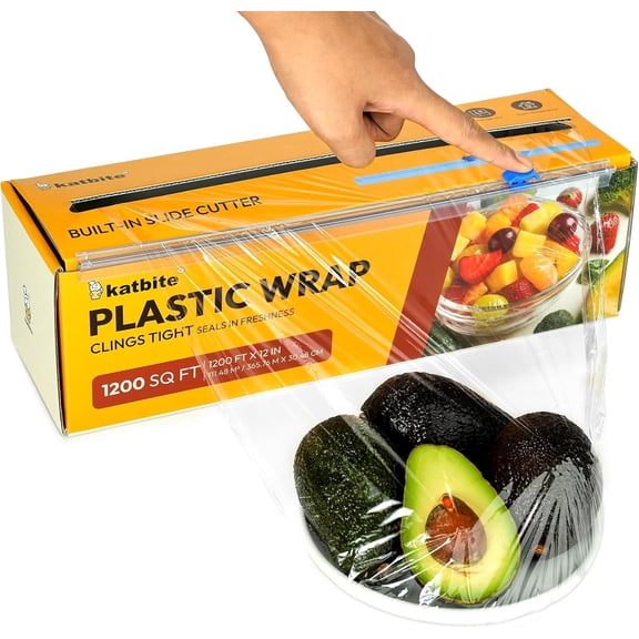 Plastic Wrap with Removable Slide Cutter, 12inch X 1200 Square Foot, Food Service Clear Film Roll, Thick Enough Stronger Durable Stretch for Daily & Comercial Use