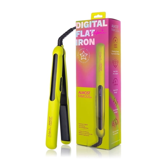 Almost Famous California Digital Flat Iron, Next-Gen PTC heater, Sparkling tourmaline protects hair, Floating plates, auto-shutoff, Digital Adjustable temperature, Worldwide voltage, Yellow