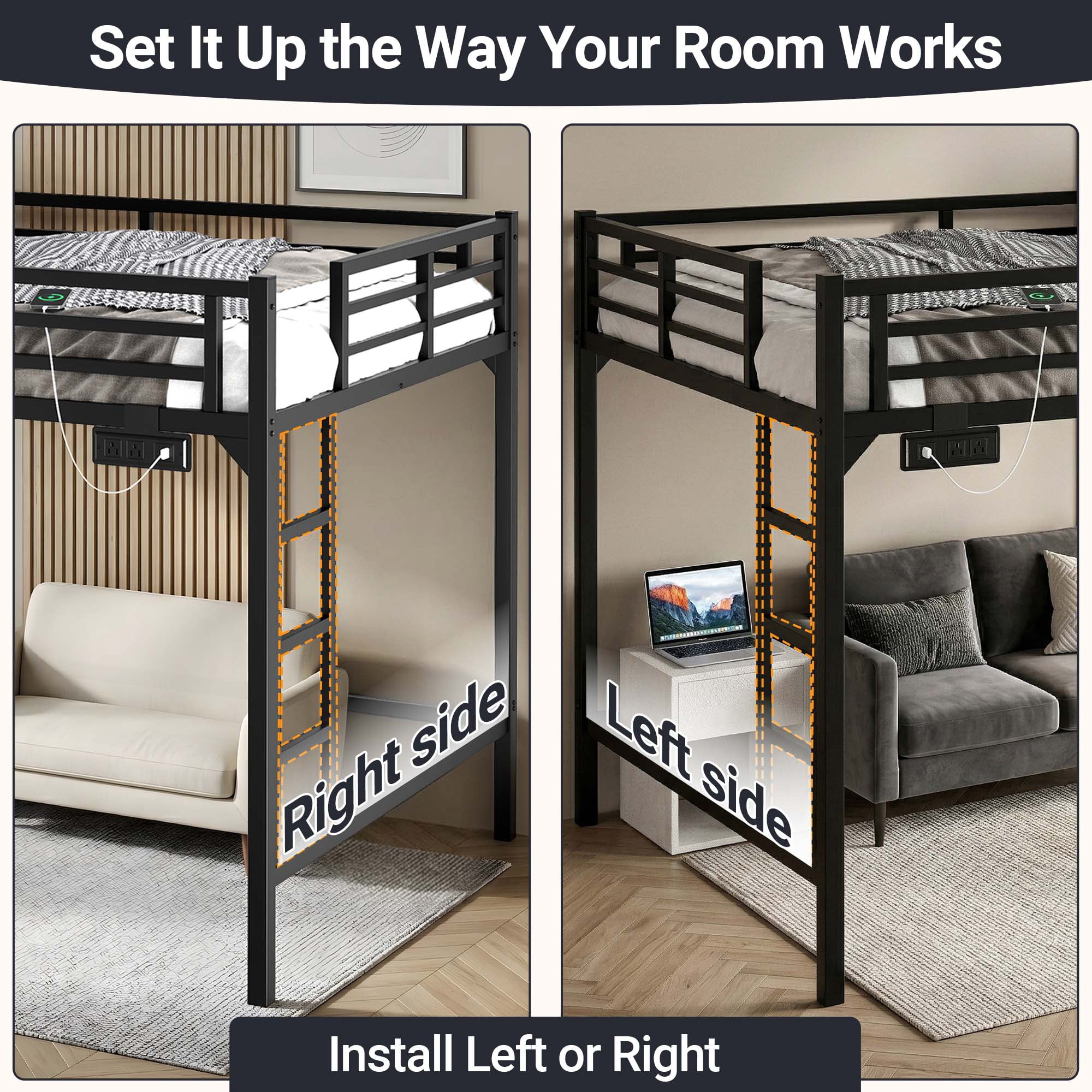 Miniyam Queen Metal Loft Bed with LED and Charging Station for Adults and Apartments, Black