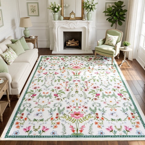 WANLISELL 8'x10' Area Rugs for Living Room, Indoor Green Floral Washable Rugs, Soft Boho Large Carpet for Bedroom, Farmhouse, Dining Room, Office