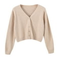 thumbnail image 3 of Uootdi Women's Cropped V Neck Cardigan - Button Down Knit Sweater, Casual Short Knitwear, Trendy Spring Summer Outerwear, Versatile Colorful Cardigans Beige Women Top, 3 of 4