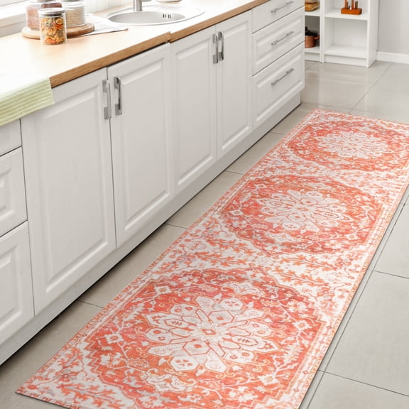 JONATHAN Y WASHABLE 2 x 8 Runner Rug, Asa Ornate Medallion - Orange/Cream, WSH108A-28