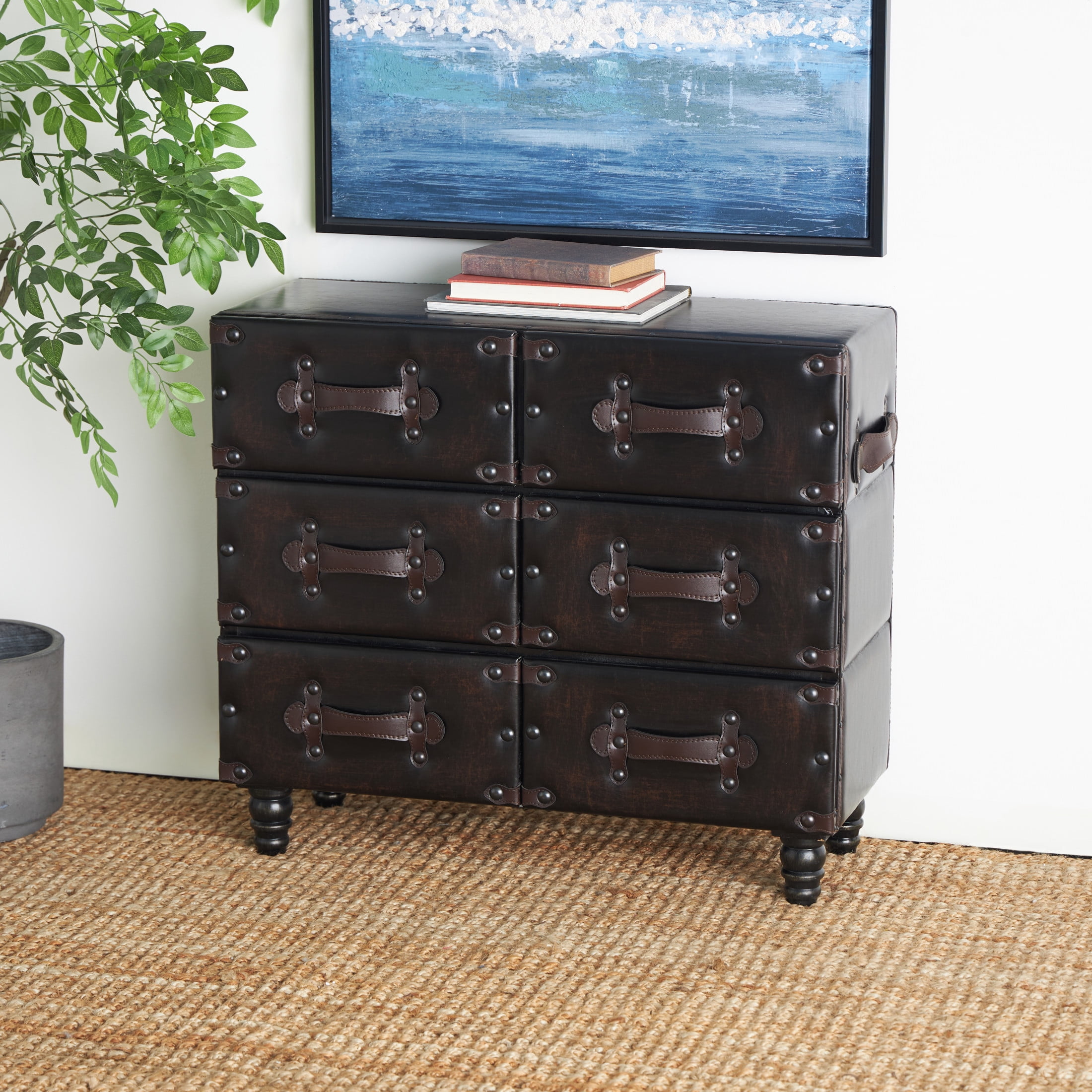 DecMode 32" x 28" Black Wood Vintage Faux Leather Chest with Rivets and Straps Detailing, 1-Piece