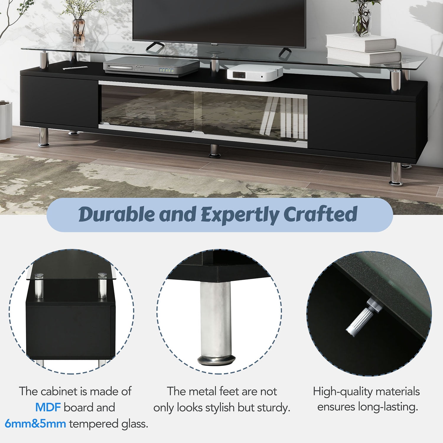 Kadyn TV Stand, Entertainment Center TV Console with Sliding Glass Door and Drawers for TV Up to 70", Black