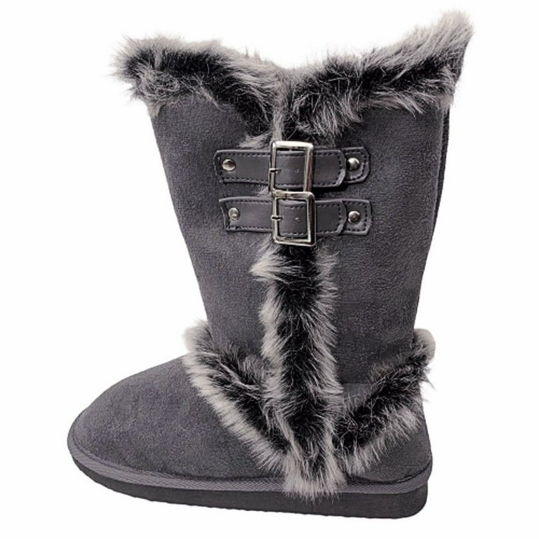 Top Moda Oakley 92 Women s Mid Calf Double Buckle Fur Trim Winter Flat Eskimo Boots Gray 9