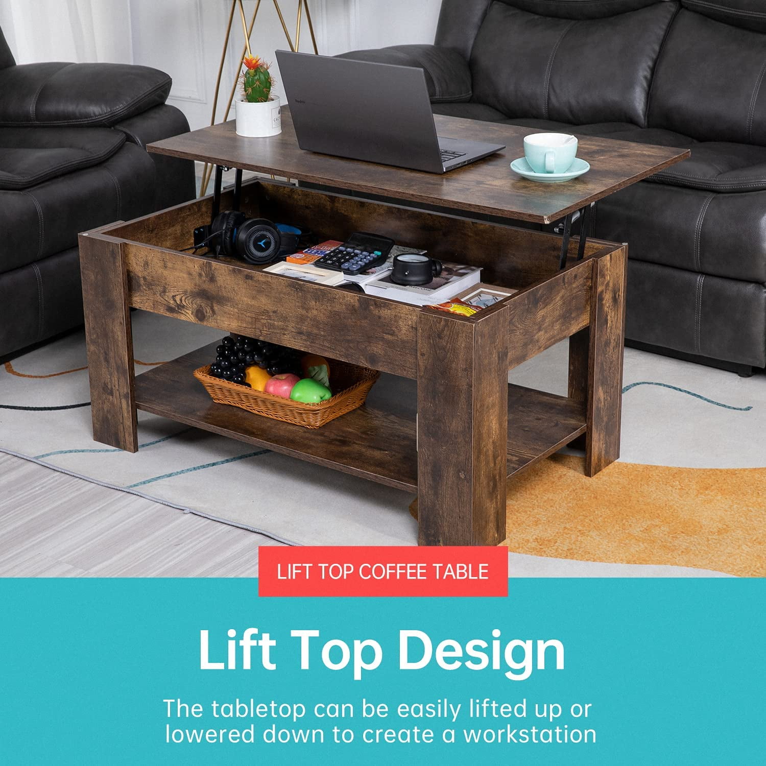 FDW Lift Top Coffee Table with Hidden Compartment and Storage Shelf,39.4",Brown