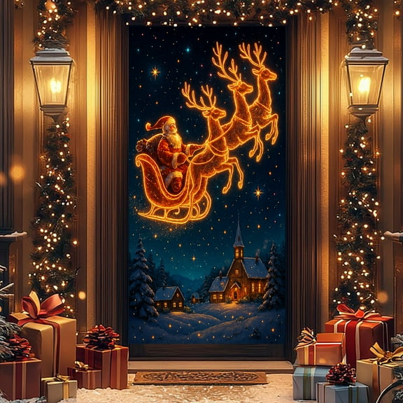 Uxgjfwu Christmas Themed Door Curtain, Holiday Scene Background Door Cover, Decorative Entrance Curtain for Seasonal Display, Home Party Decor