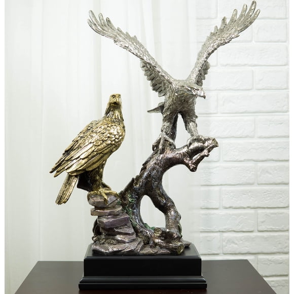 Large King Of The Skies Majestic Electroplated Gold Silver Bald Eagles Statue