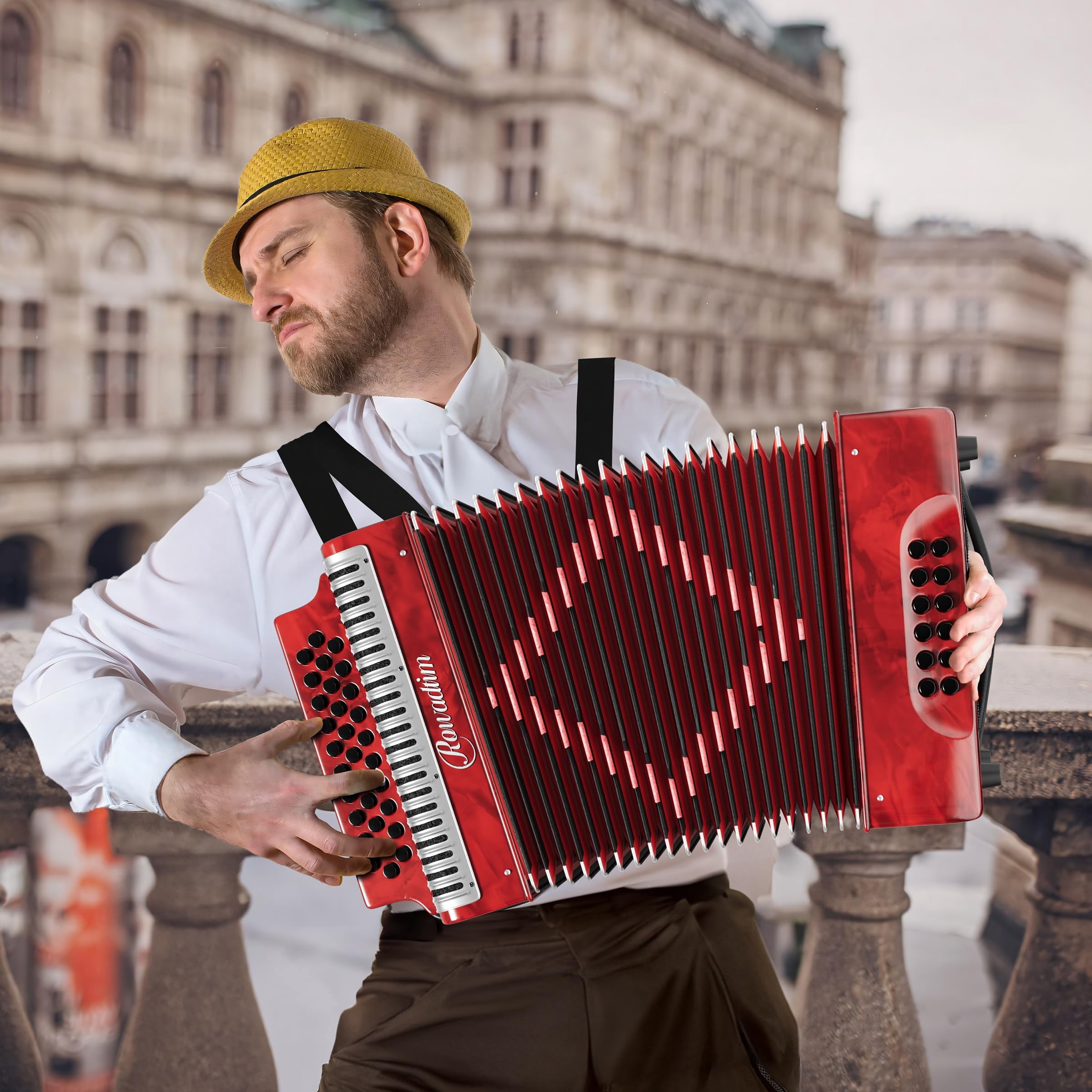 Rowadtim 31 Key Diatonic Accordions, 12 Bass Buttons (G/C/F Tuning) Suitable for Beginners, Adults, Performances and Teachers; Comes with  Case, Adjustable Strap, Gloves and Polishing Cloth (Red)
