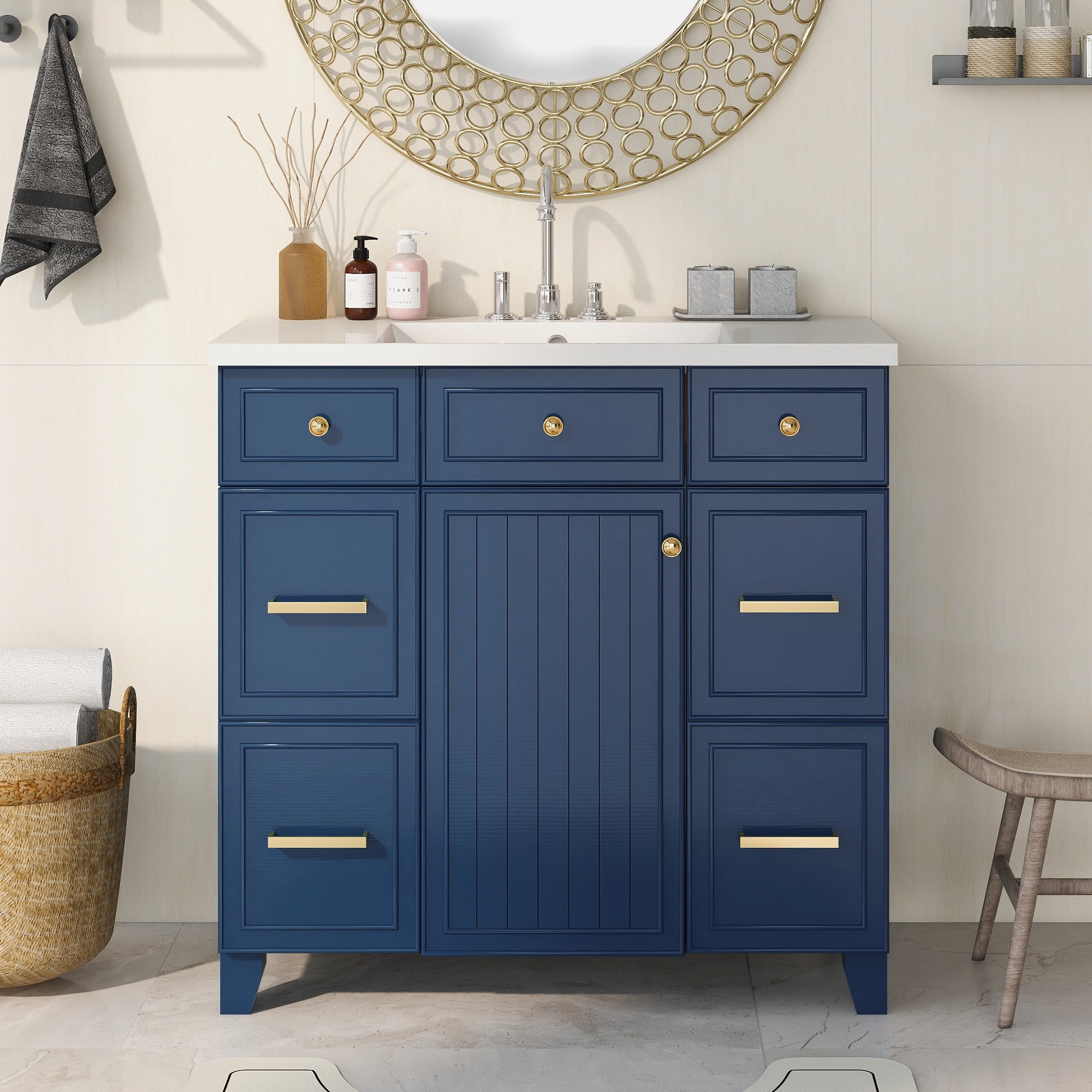 Harper & Bright Designs 36" Bathroom Vanity Cabinet with Sink Combo Set, Contemporary Bathroom Shaker Cabinets and Vanities with Soft Closing Door and Drawer, Navy Blue