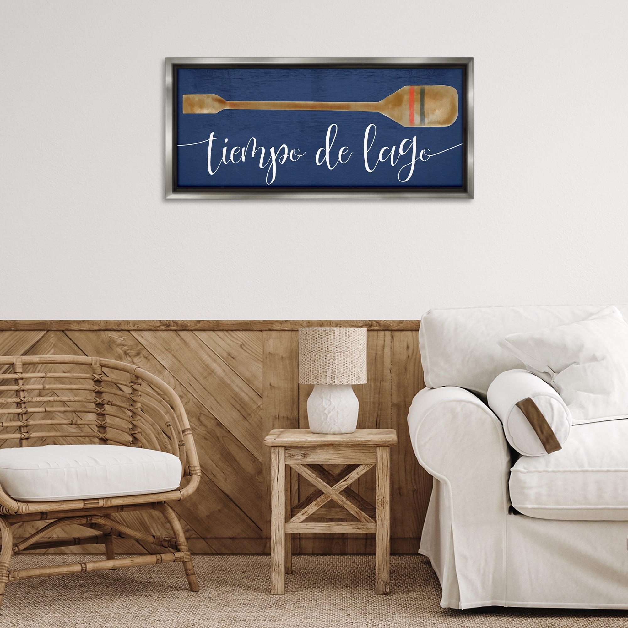 Stupell Industries Tiempo De Lago Náutica Inspirational Quotes & Sayings Painting Gray Floater Framed Art Print Wall Art, 31 x 14